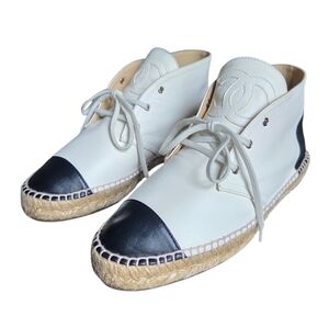 Chanel CC High Top Espadrilles G29600 White Black Cap Toe Lambskin 39